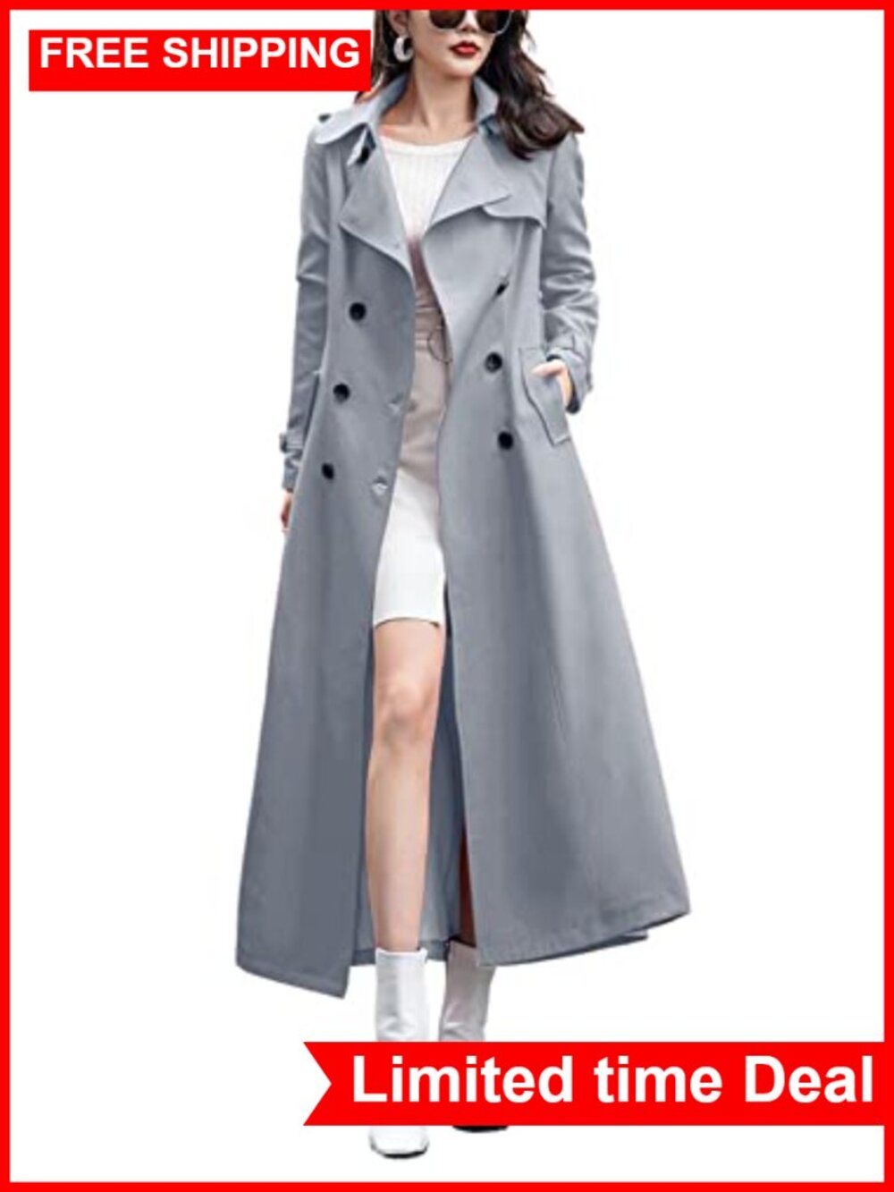 Women's Double Breasted Maxi Trench Coat Long Overcoat